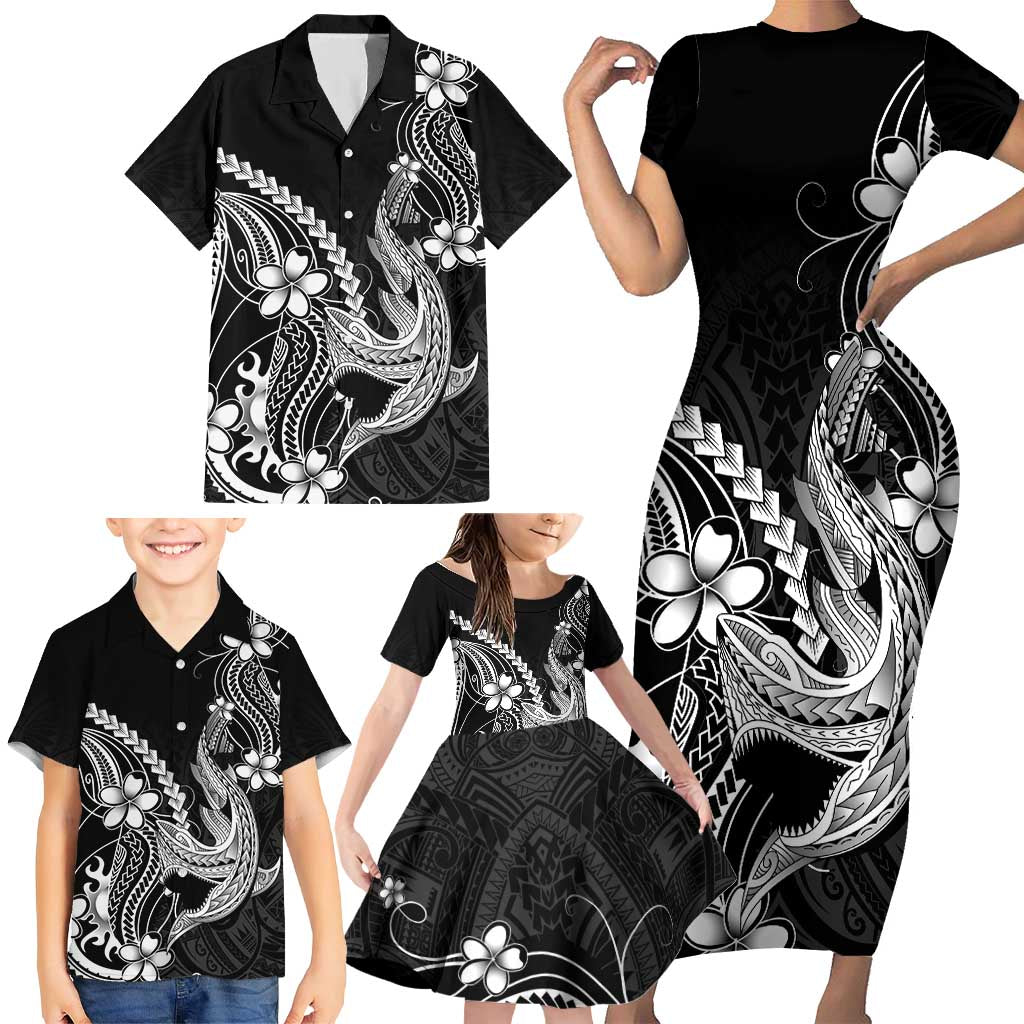 Black Aloha Hawaii Family Matching Short Sleeve Bodycon Dress and Hawaiian Shirt Polynesian Shark Tattoo With Plumeria - Polynesian Pride