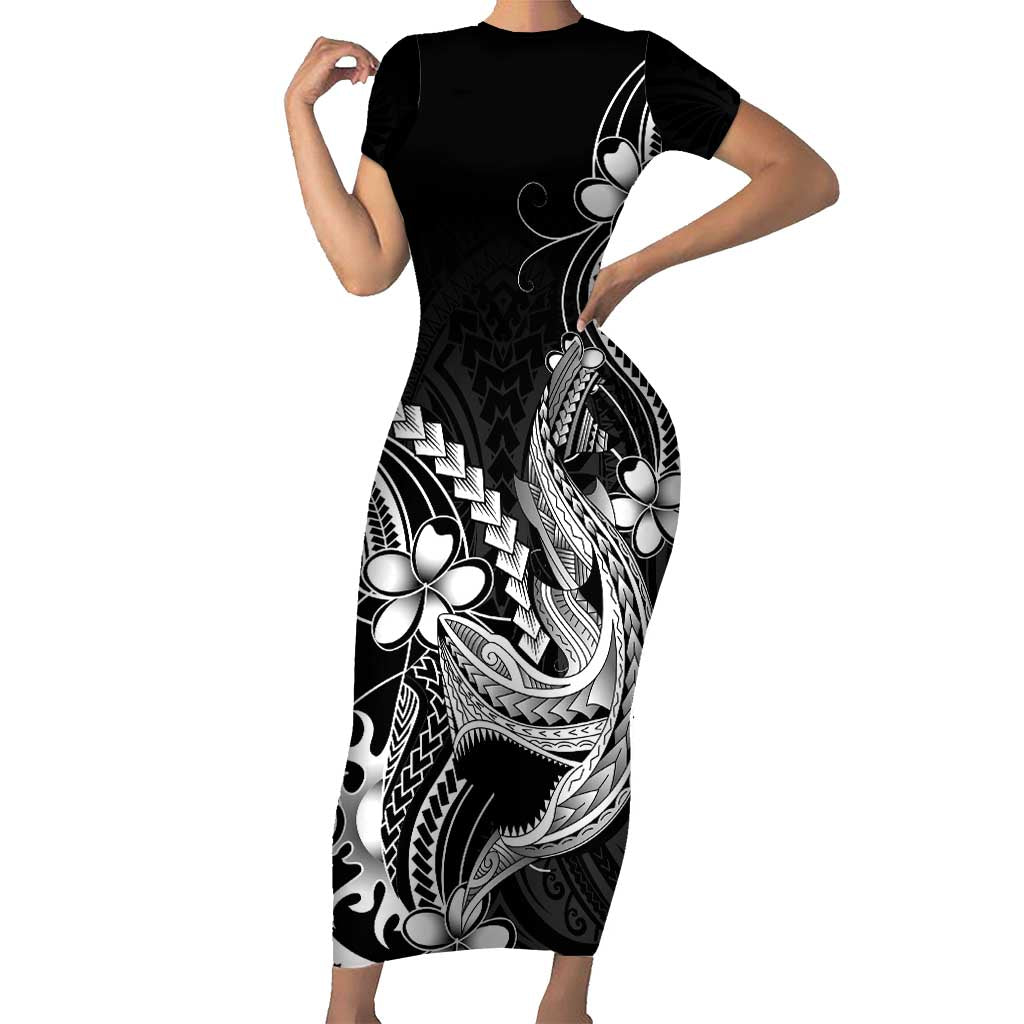 Black Aloha Hawaii Family Matching Short Sleeve Bodycon Dress and Hawaiian Shirt Polynesian Shark Tattoo With Plumeria - Polynesian Pride