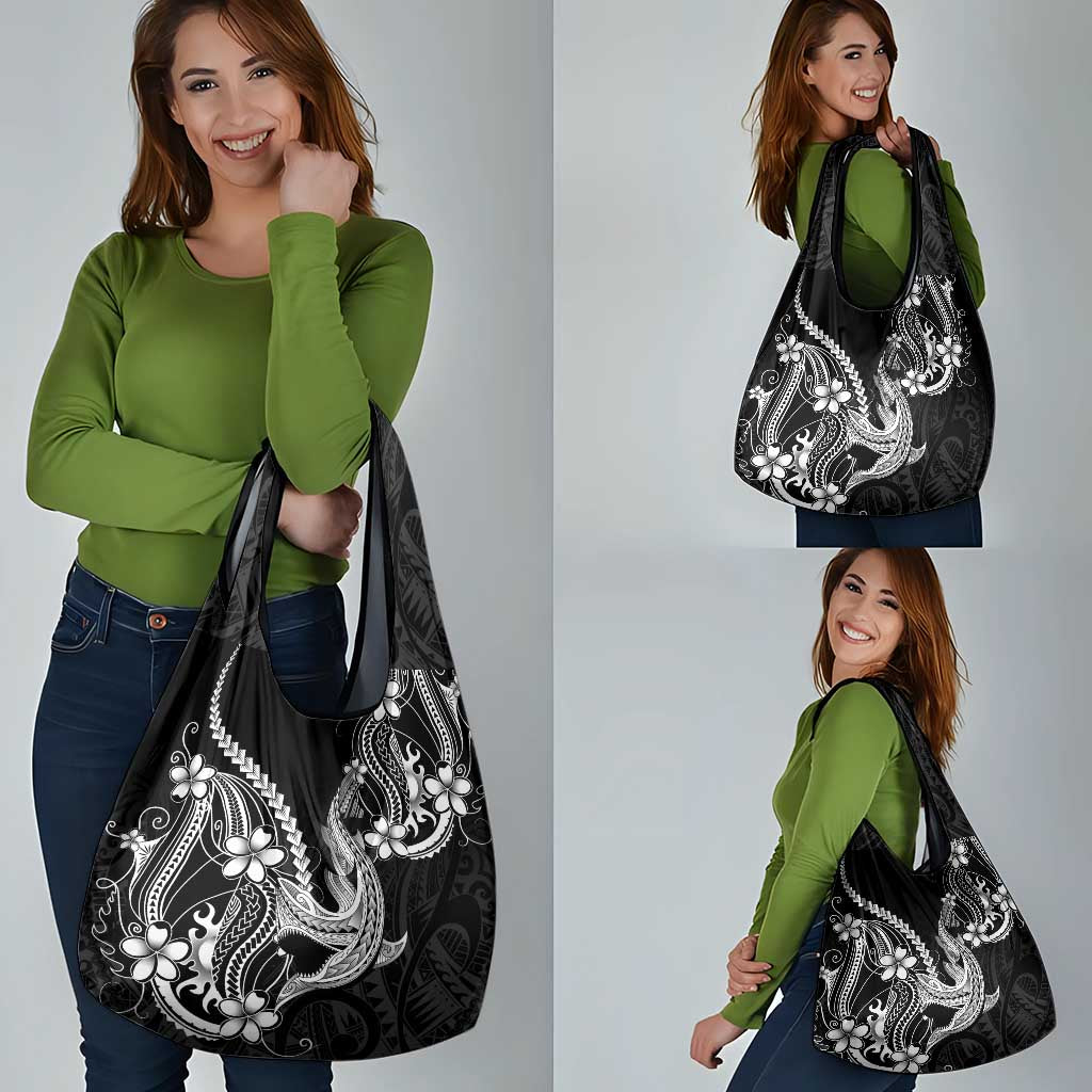 Black Aloha Hawaii Grocery Bag Polynesian Shark Tattoo With Plumeria LT14 - Polynesian Pride