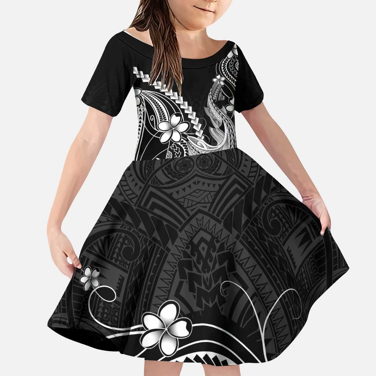 Black Aloha Hawaii Kid Short Sleeve Dress Polynesian Shark Tattoo With Plumeria - Polynesian Pride