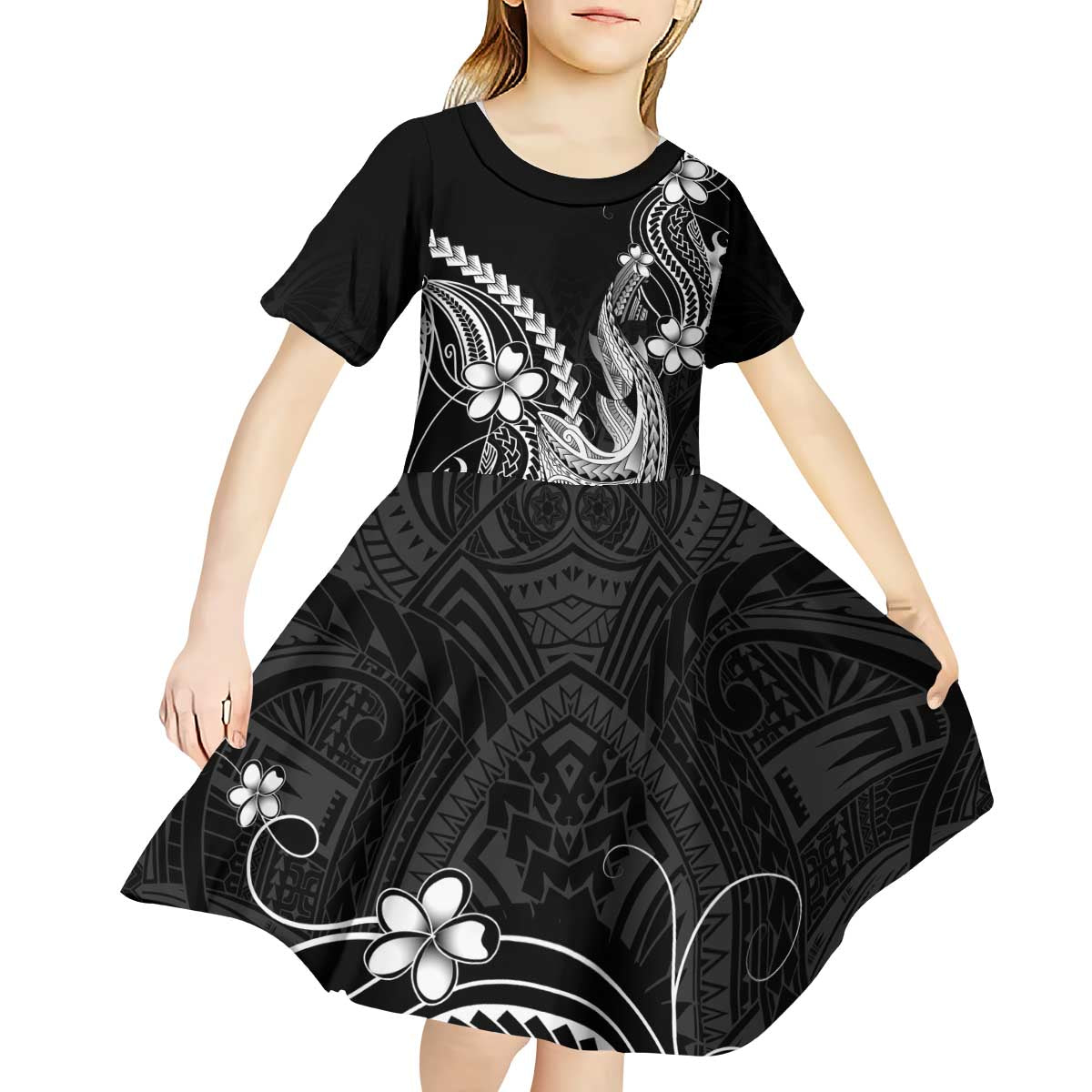 Black Aloha Hawaii Kid Short Sleeve Dress Polynesian Shark Tattoo With Plumeria LT14 - Polynesian Pride