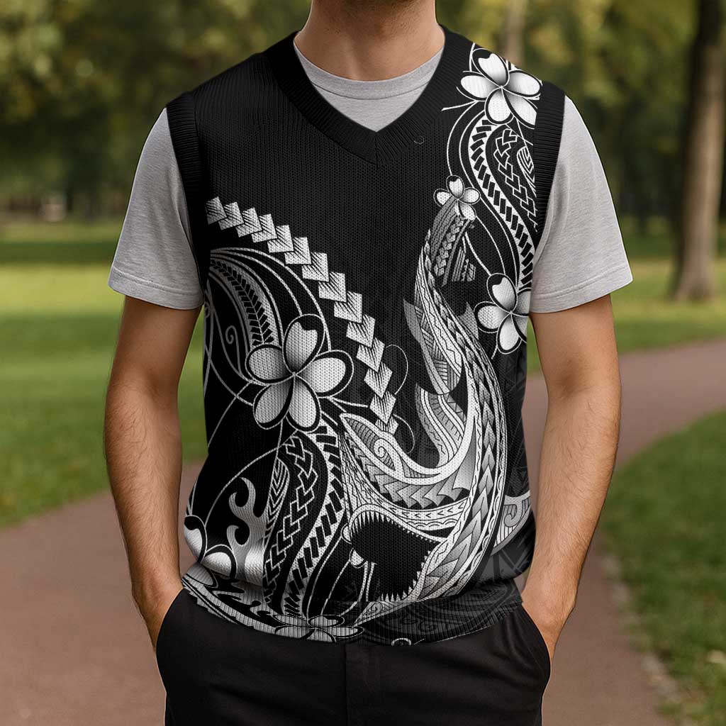Black Aloha Hawaii Christmas Knitted V-Neck Vest Polynesian Shark Tattoo With Plumeria LT14 - Polynesian Pride