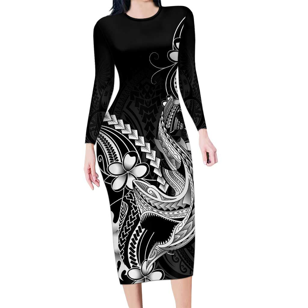 Black Aloha Hawaii Long Sleeve Bodycon Dress Polynesian Shark Tattoo With Plumeria LT14 Long Dress Black - Polynesian Pride