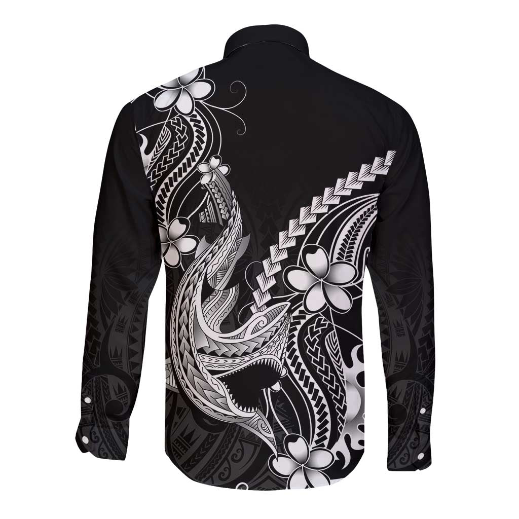 Black Aloha Hawaii Long Sleeve Button Shirt Polynesian Shark Tattoo With Plumeria LT14 - Polynesian Pride