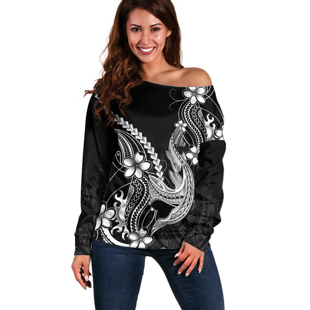 Black Aloha Hawaii Off Shoulder Sweater Polynesian Shark Tattoo With Plumeria - Polynesian Pride