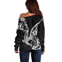 Black Aloha Hawaii Off Shoulder Sweater - Polynesian Shark Tattoo With Plumeria LT14 - Polynesian Pride