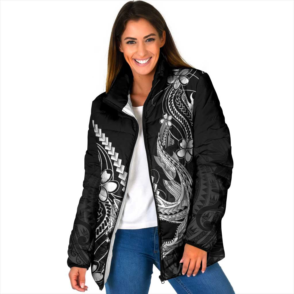 Black Aloha Hawaii Padded Jacket Polynesian Shark Tattoo With Plumeria LT14 Women Black - Polynesian Pride