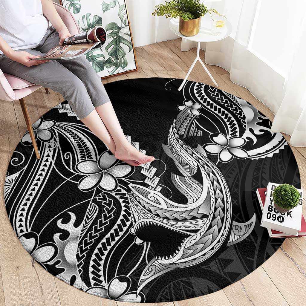 Black Aloha Hawaii Round Carpet Polynesian Shark Tattoo With Plumeria LT14 - Polynesian Pride