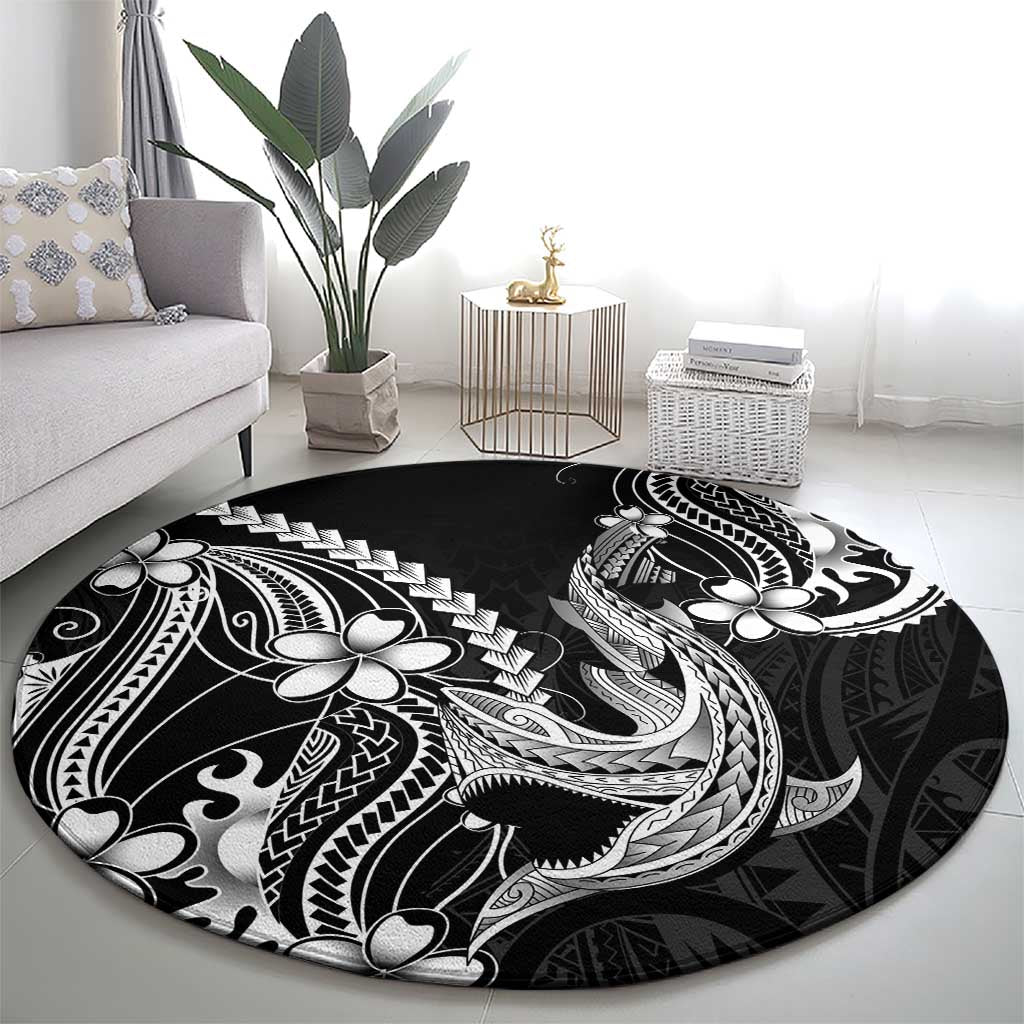 Black Aloha Hawaii Round Carpet Polynesian Shark Tattoo With Plumeria LT14 - Polynesian Pride