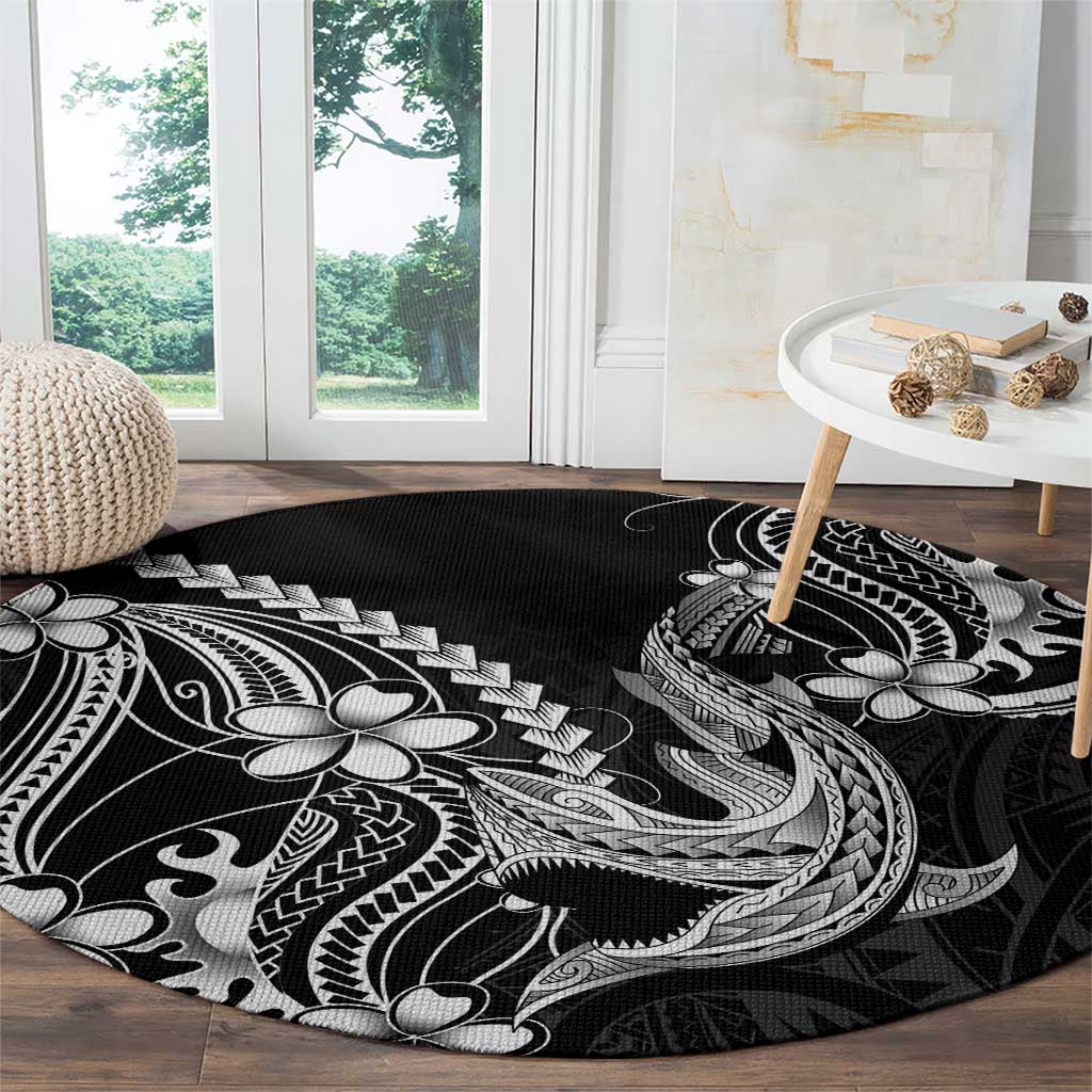 Black Aloha Hawaii Round Carpet Polynesian Shark Tattoo With Plumeria LT14 - Polynesian Pride