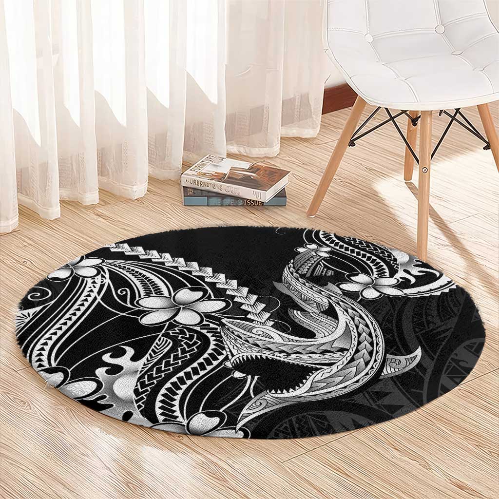 Black Aloha Hawaii Round Carpet Polynesian Shark Tattoo With Plumeria LT14 - Polynesian Pride