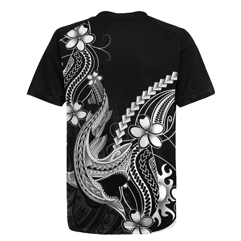 Black Aloha Hawaii Rugby Jersey Polynesian Shark Tattoo With Plumeria LT14 - Polynesian Pride