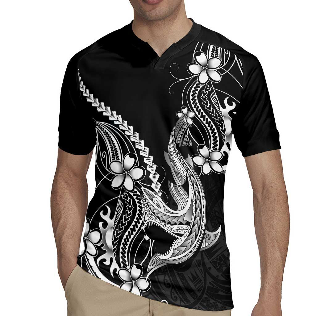 Black Aloha Hawaii Rugby Jersey Polynesian Shark Tattoo With Plumeria LT14 - Polynesian Pride