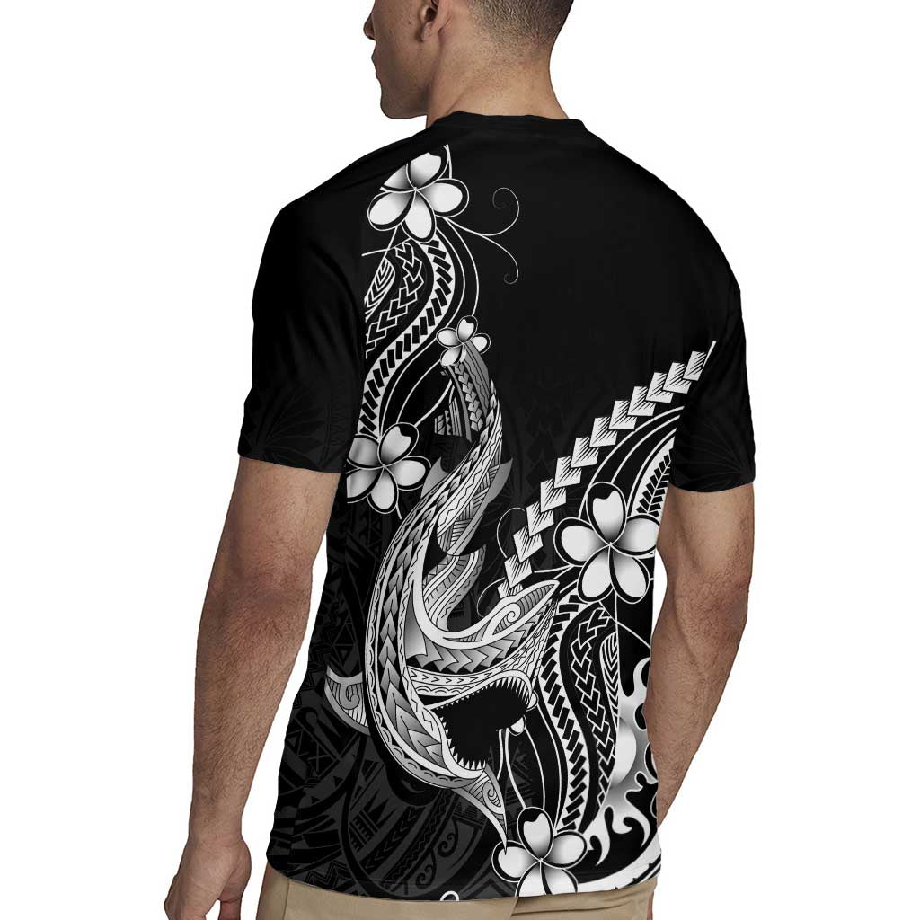 Black Aloha Hawaii Rugby Jersey Polynesian Shark Tattoo With Plumeria LT14 - Polynesian Pride