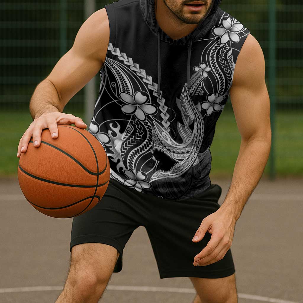Black Aloha Hawaii Sleeveless Hoodie Polynesian Shark Tattoo With Plumeria LT14 - Polynesian Pride