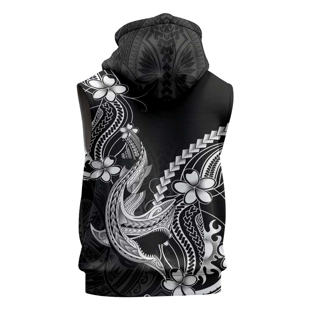 Black Aloha Hawaii Sleeveless Zip Hoodie Polynesian Shark Tattoo With Plumeria - Polynesian Pride