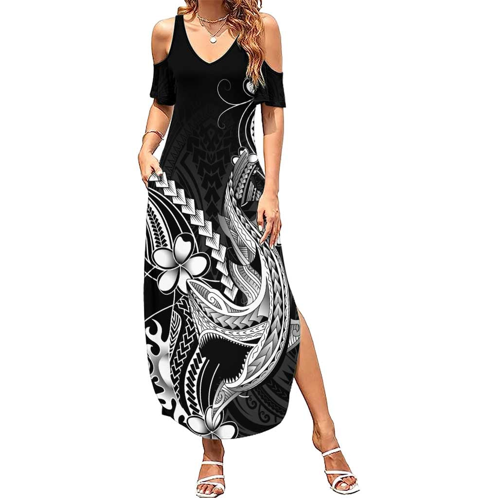 Black Aloha Hawaii Summer Maxi Dress Polynesian Shark Tattoo With Plumeria - Polynesian Pride