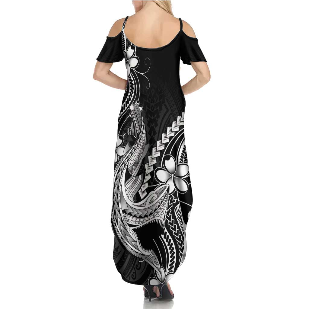 Black Aloha Hawaii Summer Maxi Dress Polynesian Shark Tattoo With Plumeria - Polynesian Pride