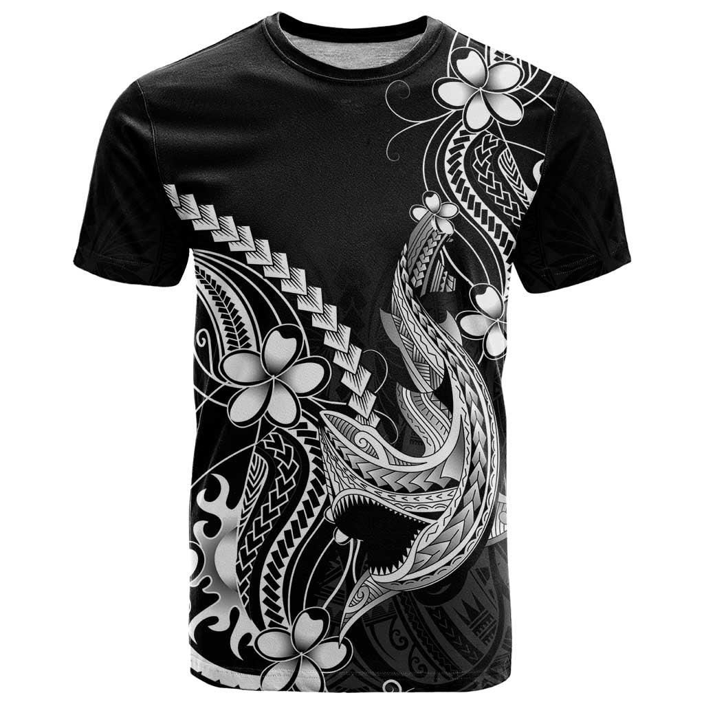 Black Aloha Hawaii T Shirt Polynesian Shark Tattoo With Plumeria LT14 Black - Polynesian Pride