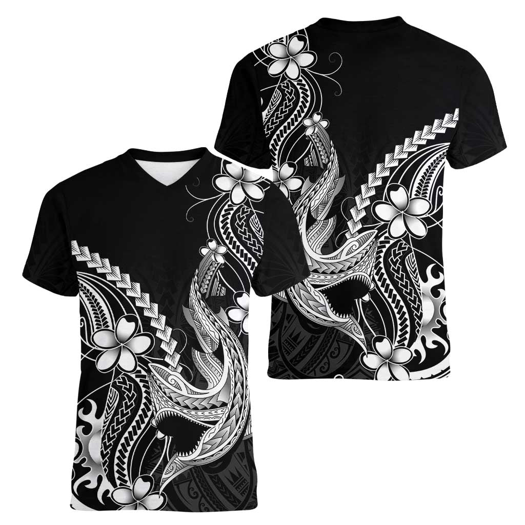 Black Aloha Hawaii Women V-Neck T-Shirt Polynesian Shark Tattoo With Plumeria - Polynesian Pride