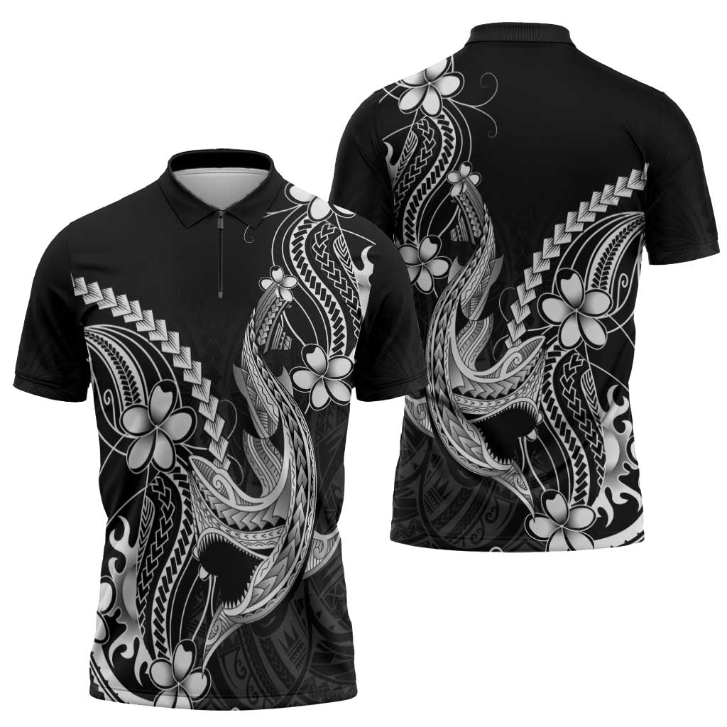Black Aloha Hawaii Zipper Polo Shirt Polynesian Shark Tattoo With Plumeria LT14 - Polynesian Pride
