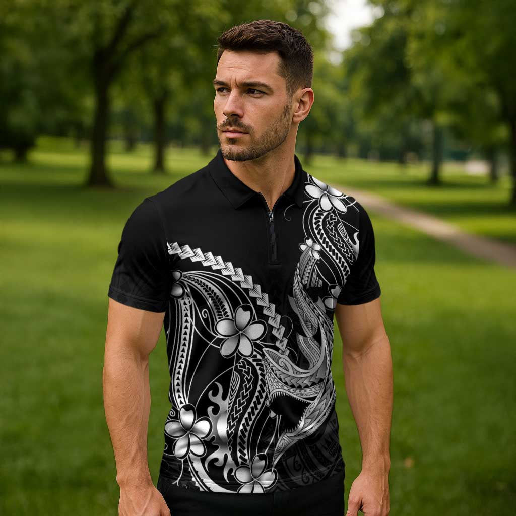 Black Aloha Hawaii Zipper Polo Shirt Polynesian Shark Tattoo With Plumeria LT14 - Polynesian Pride