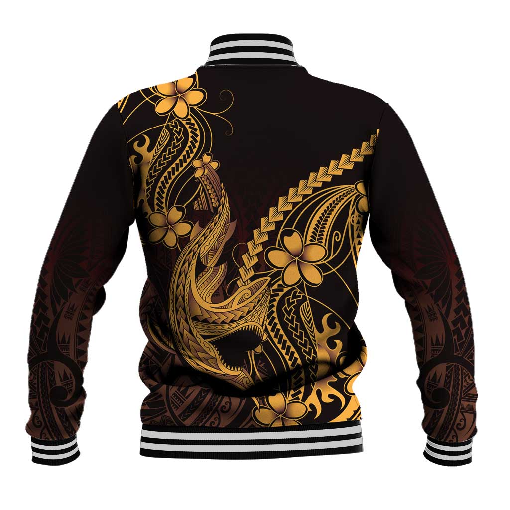 Gold Black Aloha Hawaii Baseball Jacket Polynesian Shark Tattoo With Plumeria LT14 - Polynesian Pride