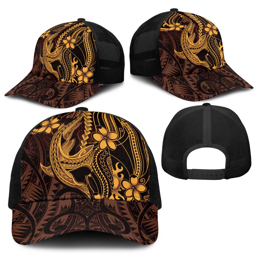 Gold Black Aloha Hawaii Baseball Net Cap Polynesian Shark Tattoo With Plumeria - Polynesian Pride