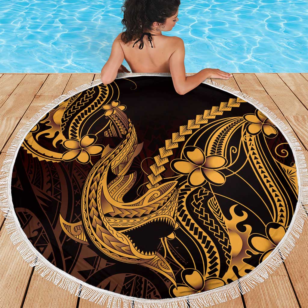 Gold Black Aloha Hawaii Beach Blanket Polynesian Shark Tattoo With Plumeria LT14 - Polynesian Pride