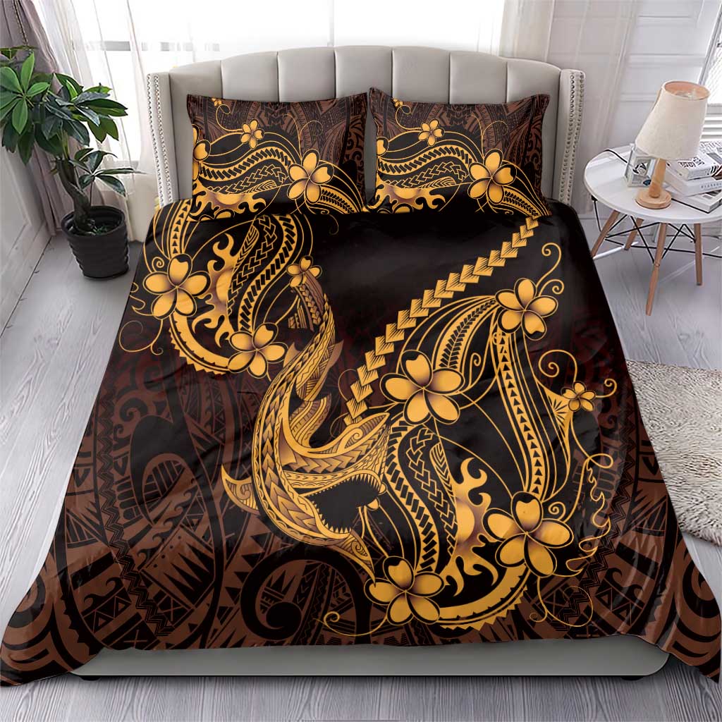 Gold Black Aloha Hawaii Bedding Set Polynesian Shark Tattoo With Plumeria LT14 - Polynesian Pride