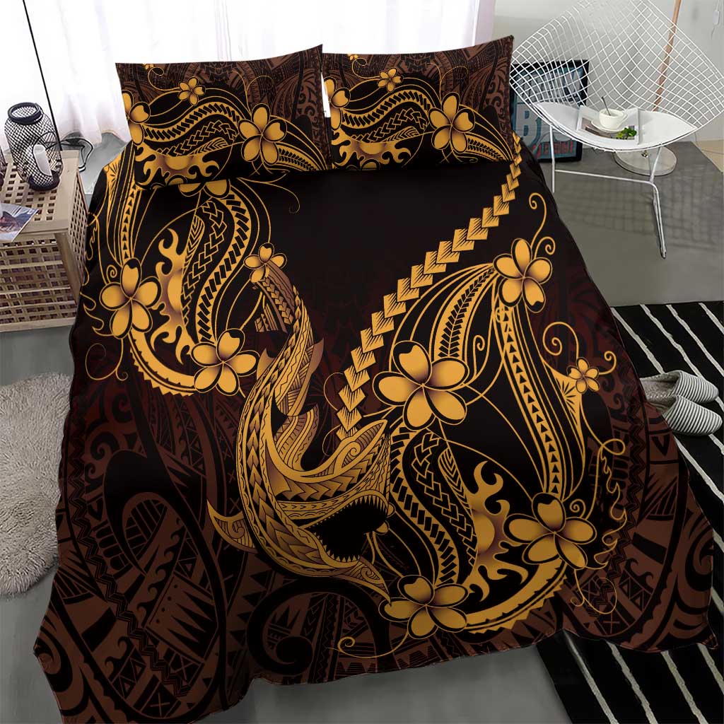 Gold Black Aloha Hawaii Bedding Set Polynesian Shark Tattoo With Plumeria LT14 - Polynesian Pride