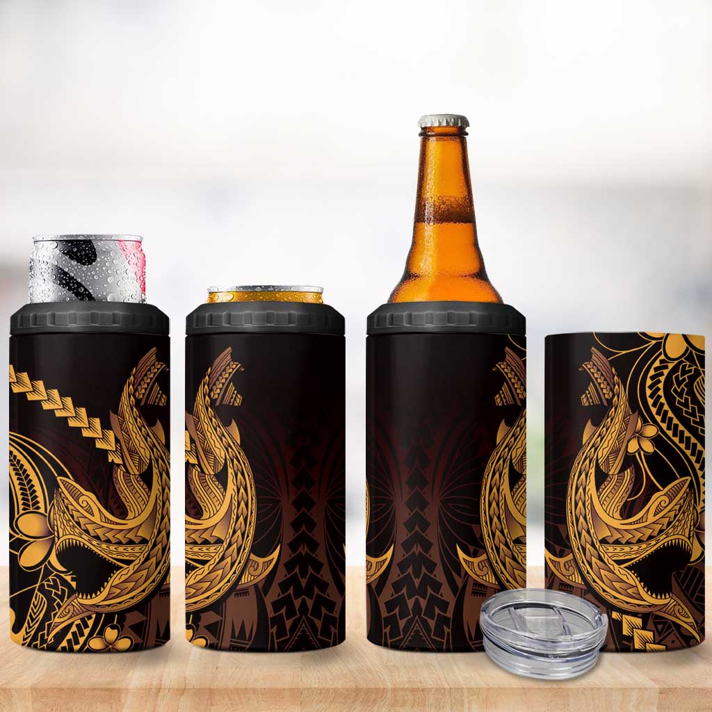 Gold Black Aloha Hawaii 4 in 1 Can Cooler Tumbler Polynesian Shark Tattoo With Plumeria LT14 - Polynesian Pride