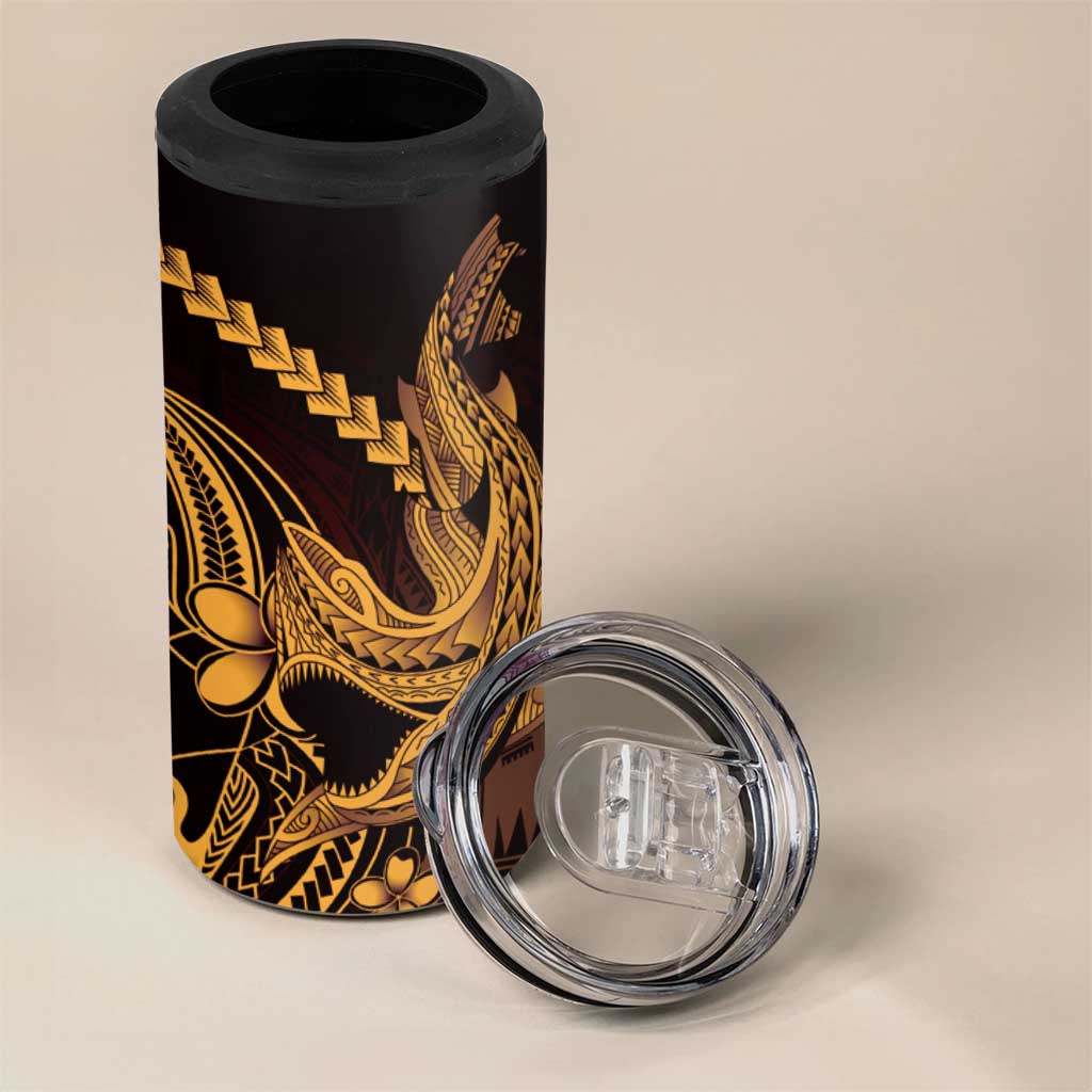 Gold Black Aloha Hawaii 4 in 1 Can Cooler Tumbler Polynesian Shark Tattoo With Plumeria LT14 - Polynesian Pride