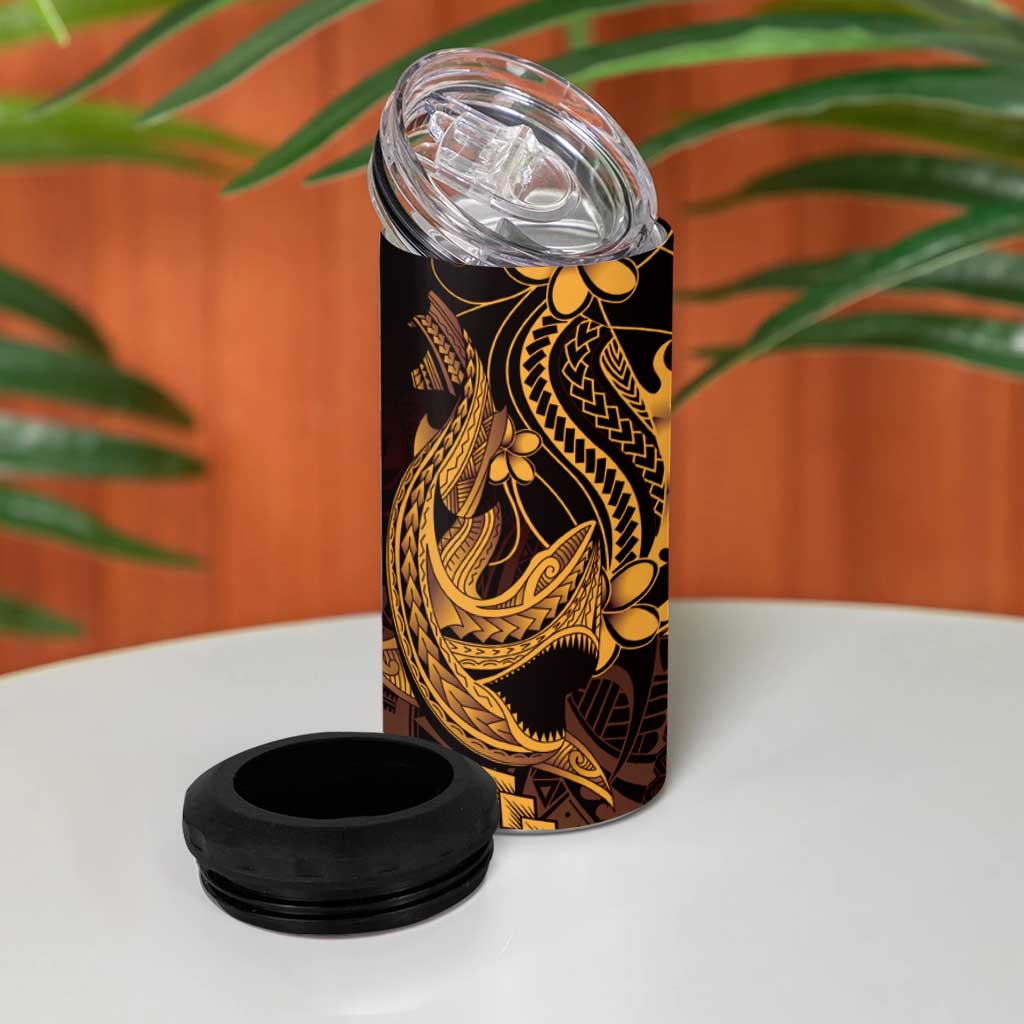 Gold Black Aloha Hawaii 4 in 1 Can Cooler Tumbler Polynesian Shark Tattoo With Plumeria LT14 - Polynesian Pride