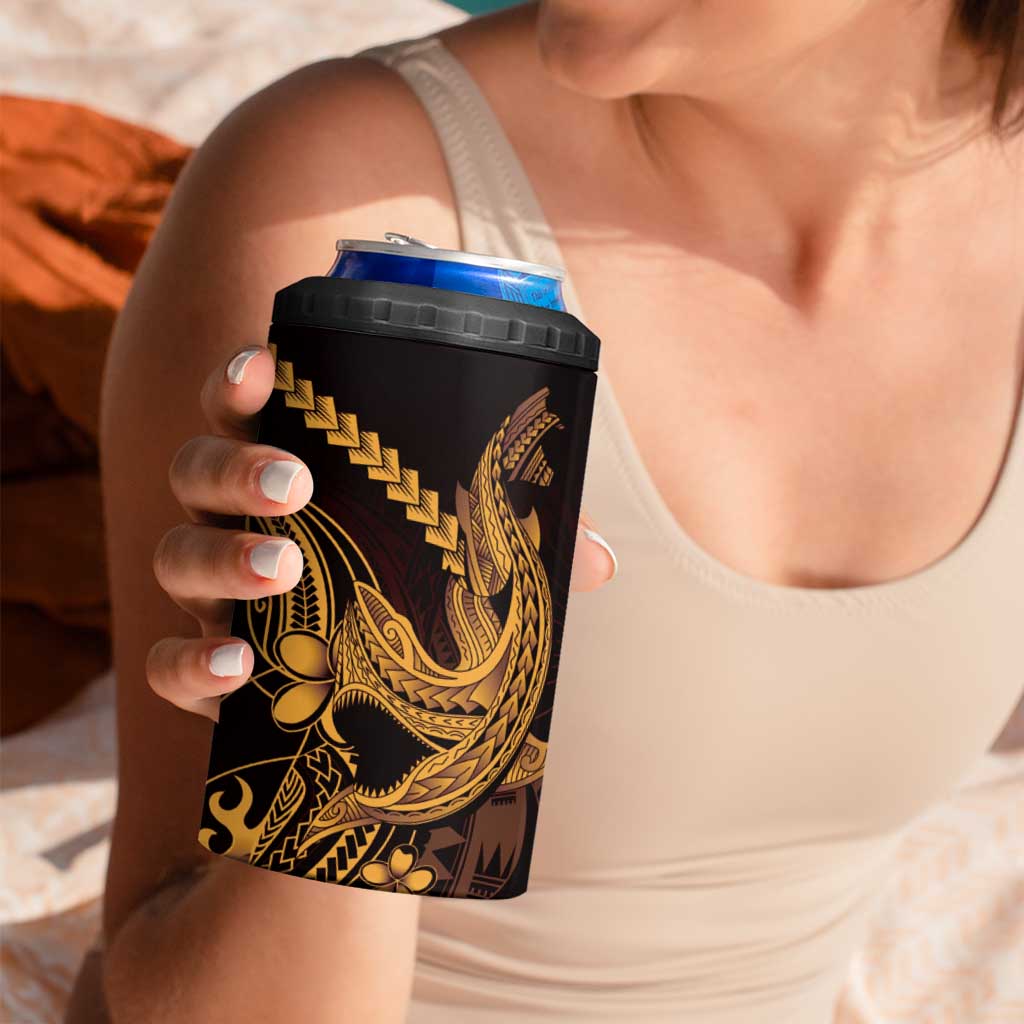 Gold Black Aloha Hawaii 4 in 1 Can Cooler Tumbler Polynesian Shark Tattoo With Plumeria LT14 - Polynesian Pride