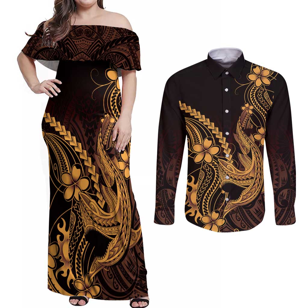 Gold Black Aloha Hawaii Couples Matching Off Shoulder Maxi Dress and Long Sleeve Button Shirt Polynesian Shark Tattoo With Plumeria LT14 Gold - Polynesian Pride