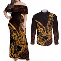 Gold Black Aloha Hawaii Couples Matching Off Shoulder Maxi Dress and Long Sleeve Button Shirt Polynesian Shark Tattoo With Plumeria LT14 Gold - Polynesian Pride