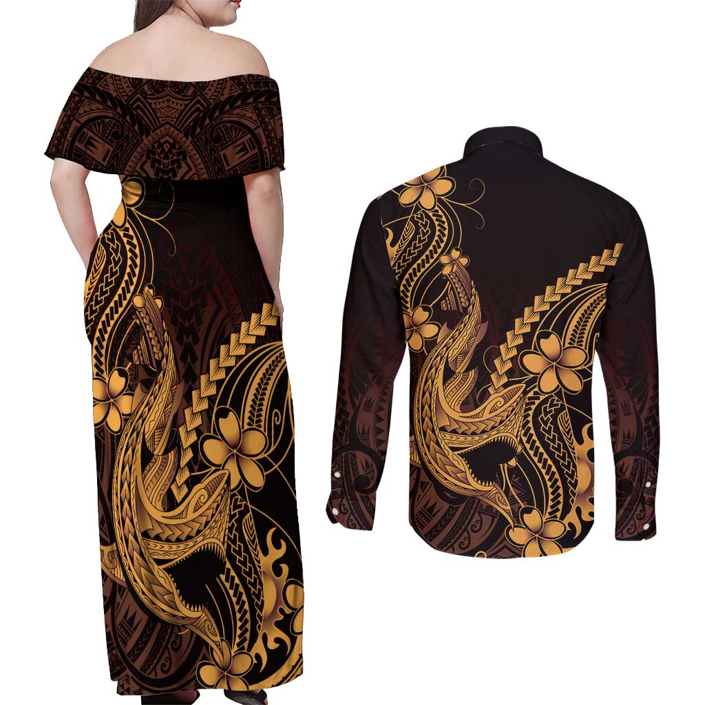Gold Black Aloha Hawaii Couples Matching Off Shoulder Maxi Dress and Long Sleeve Button Shirt Polynesian Shark Tattoo With Plumeria LT14 - Polynesian Pride