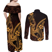 Gold Black Aloha Hawaii Couples Matching Off Shoulder Maxi Dress and Long Sleeve Button Shirt Polynesian Shark Tattoo With Plumeria LT14 - Polynesian Pride