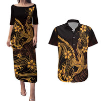 Gold Black Aloha Hawaii Couples Matching Puletasi and Hawaiian Shirt Polynesian Shark Tattoo With Plumeria LT14 Gold - Polynesian Pride