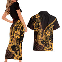 Gold Black Aloha Hawaii Couples Matching Short Sleeve Bodycon Dress and Hawaiian Shirt Polynesian Shark Tattoo With Plumeria - Polynesian Pride