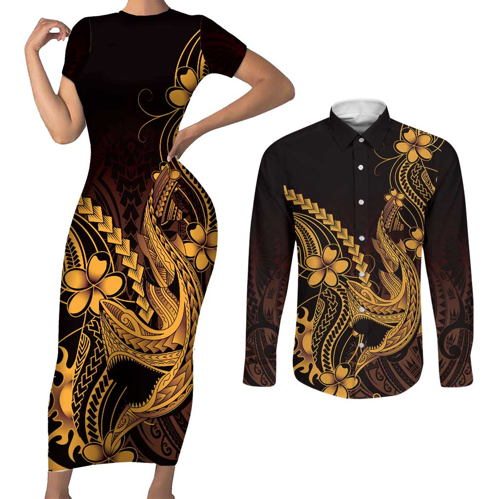 Gold Black Aloha Hawaii Couples Matching Short Sleeve Bodycon Dress and Long Sleeve Button Shirt Polynesian Shark Tattoo With Plumeria - Polynesian Pride