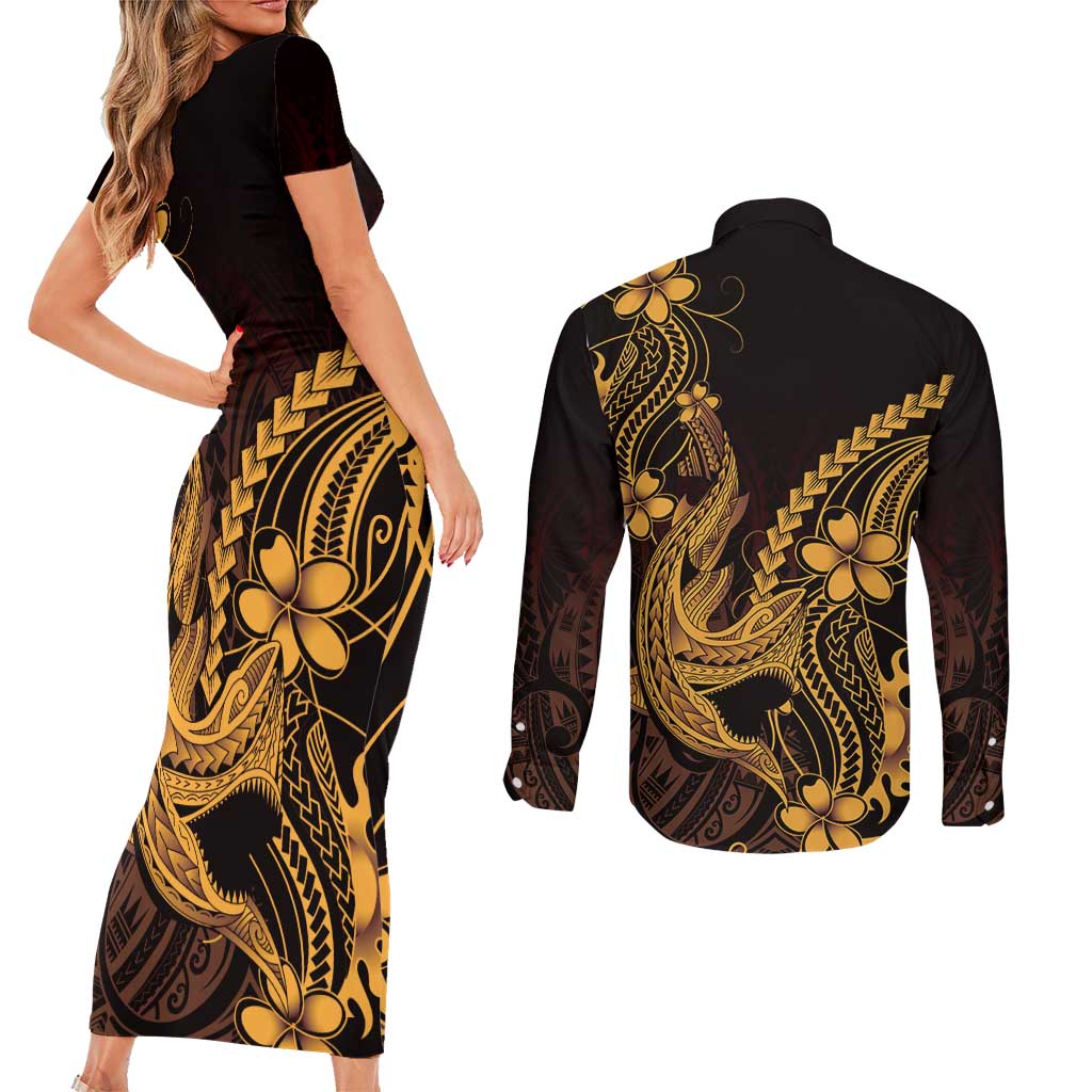 Gold Black Aloha Hawaii Couples Matching Short Sleeve Bodycon Dress and Long Sleeve Button Shirt Polynesian Shark Tattoo With Plumeria - Polynesian Pride
