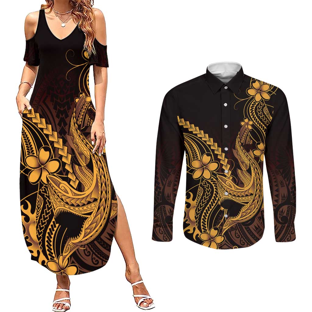Gold Black Aloha Hawaii Couples Matching Summer Maxi Dress and Long Sleeve Button Shirt Polynesian Shark Tattoo With Plumeria - Polynesian Pride