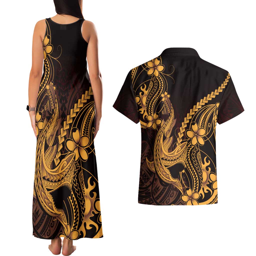 Gold Black Aloha Hawaii Couples Matching Tank Maxi Dress and Hawaiian Shirt Polynesian Shark Tattoo With Plumeria - Polynesian Pride