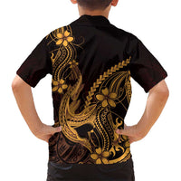 Gold Black Aloha Hawaii Family Matching Long Sleeve Bodycon Dress and Hawaiian Shirt Polynesian Shark Tattoo With Plumeria - Polynesian Pride