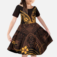 Gold Black Aloha Hawaii Family Matching Long Sleeve Bodycon Dress and Hawaiian Shirt Polynesian Shark Tattoo With Plumeria - Polynesian Pride