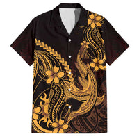 Gold Black Aloha Hawaii Family Matching Long Sleeve Bodycon Dress and Hawaiian Shirt Polynesian Shark Tattoo With Plumeria - Polynesian Pride