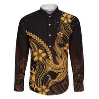 Gold Black Aloha Hawaii Family Matching Long Sleeve Bodycon Dress and Hawaiian Shirt Polynesian Shark Tattoo With Plumeria - Polynesian Pride