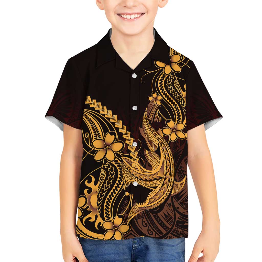 Gold Black Aloha Hawaii Family Matching Long Sleeve Bodycon Dress and Hawaiian Shirt Polynesian Shark Tattoo With Plumeria - Polynesian Pride